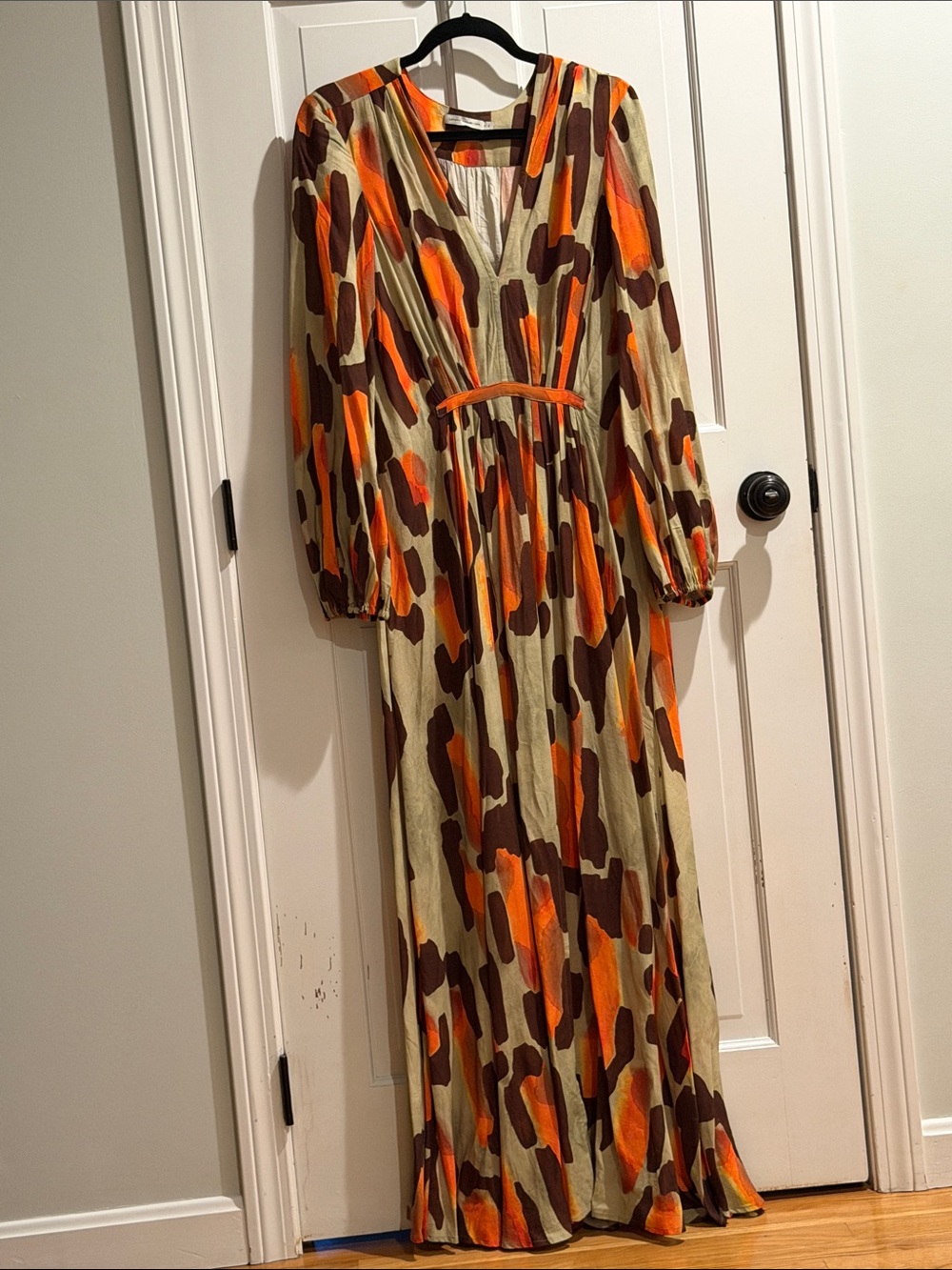 Long Sleeve V-Neck Maxi Dress in Orange and Brown Print